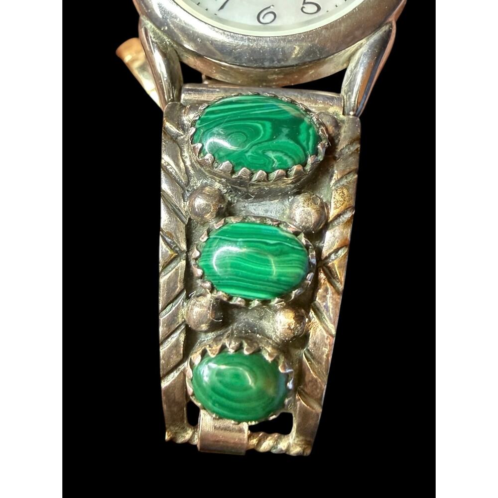 Vintage Benny Ramone Navajo Sterling Silver Malachite Watch Tips Southwest Cuff - Picture 2 of 7